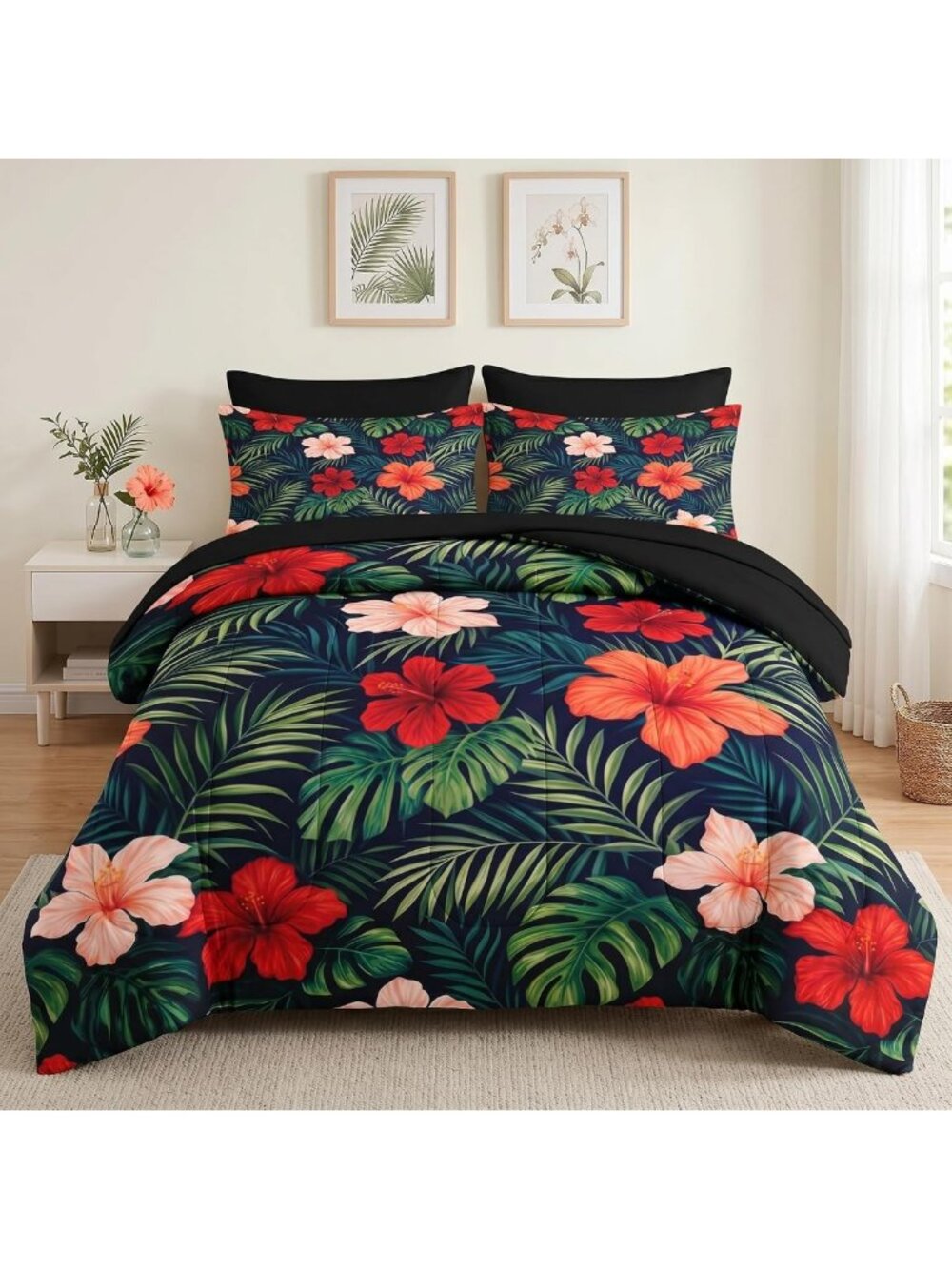Tropical Queen Comforter Set with Sheets - 7 Piece Summer Bedding Collection